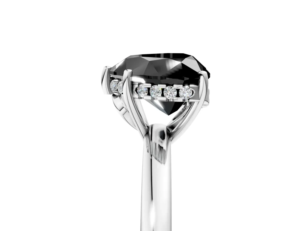 Fancy Black Heart Cut Solitaire Diamond Ring with Prong Setting and Plain Band Silver