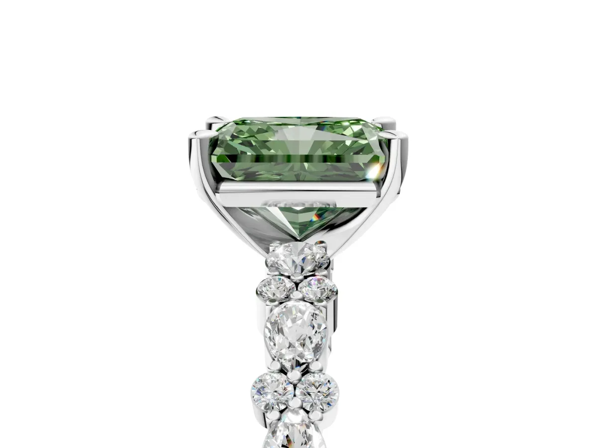 Fancy Green Radiant Cut Diamond Side Stone Solitaire Ring with Round and Four-Prong Setting Platinum