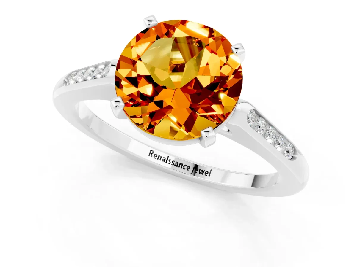 Round Cut Citrine Solitaire Ring with Channel Set Round Band and Prong Setting Silver