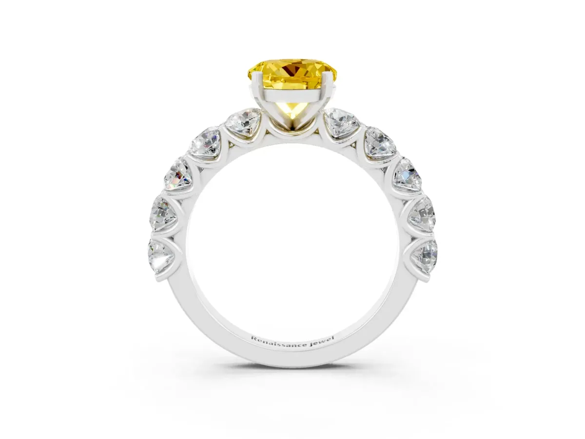 Round Cut Yellow Sapphire Prong Setting with Side Stones on a Pave Band Silver
