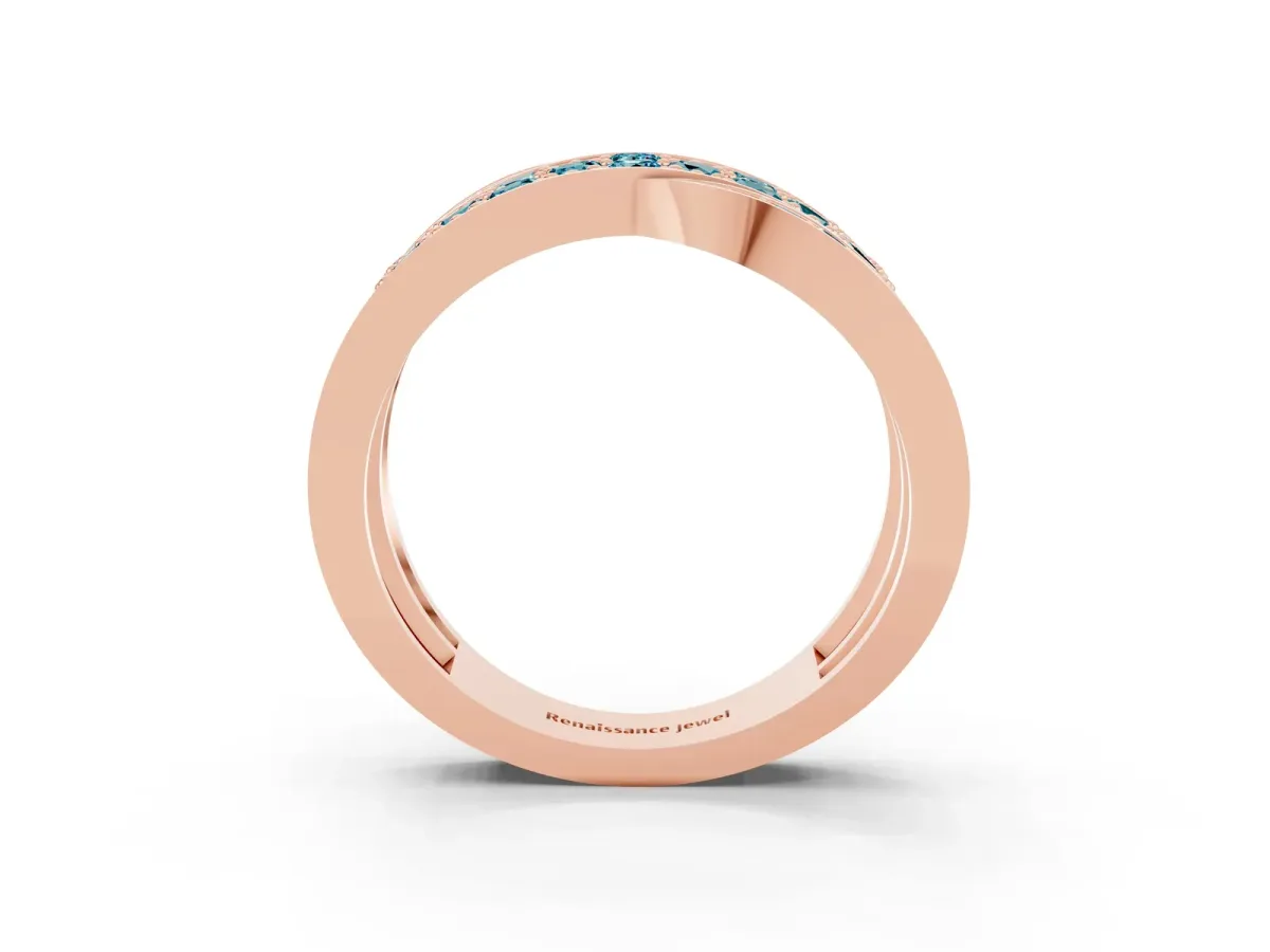 Pavé Round Blue Topaz Crossover Band with Bead Prong Setting Rose gold
