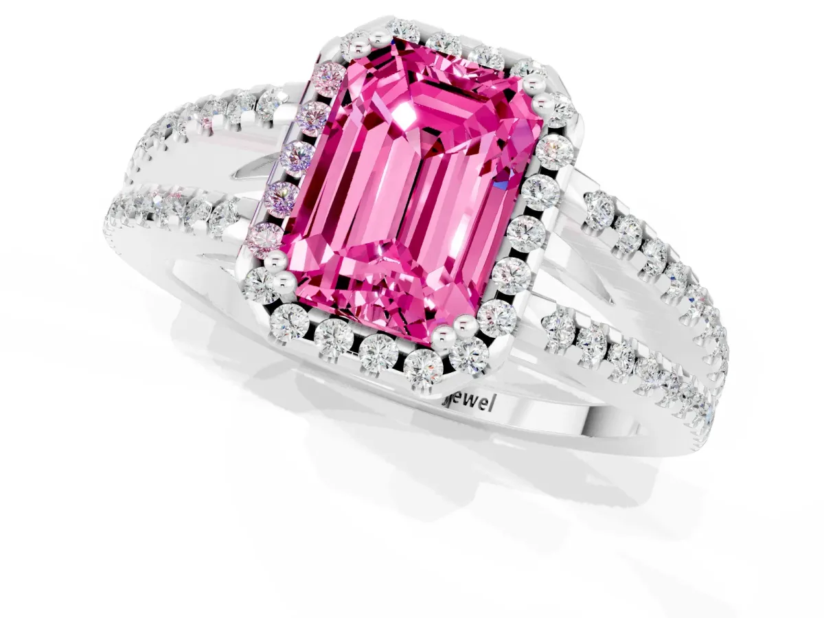 Emerald Cut Pink Sapphire Halo Split Shank Engagement Ring Platinum