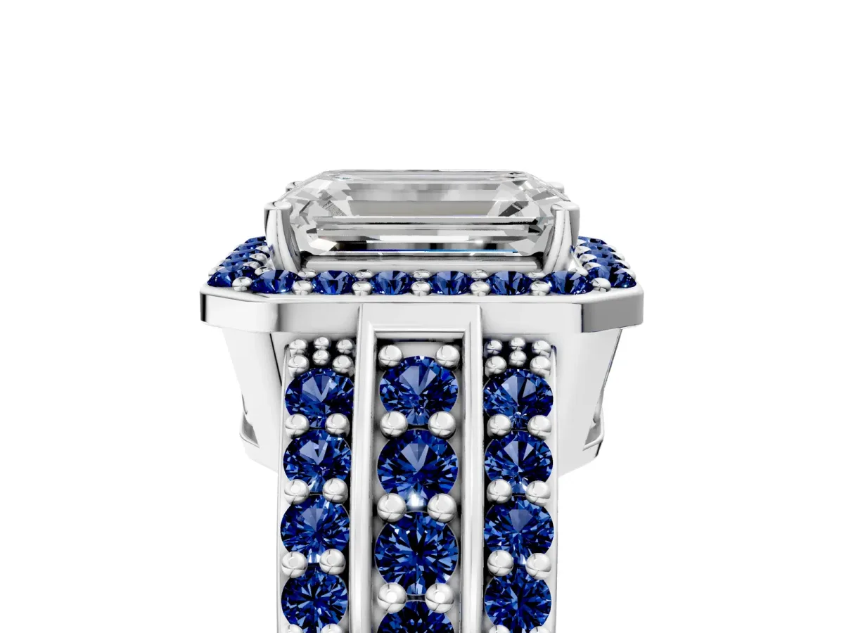 Emerald Cut Halo Diamond Ring with Round Blue Sapphire Split Shank and Prong Setting Platinum