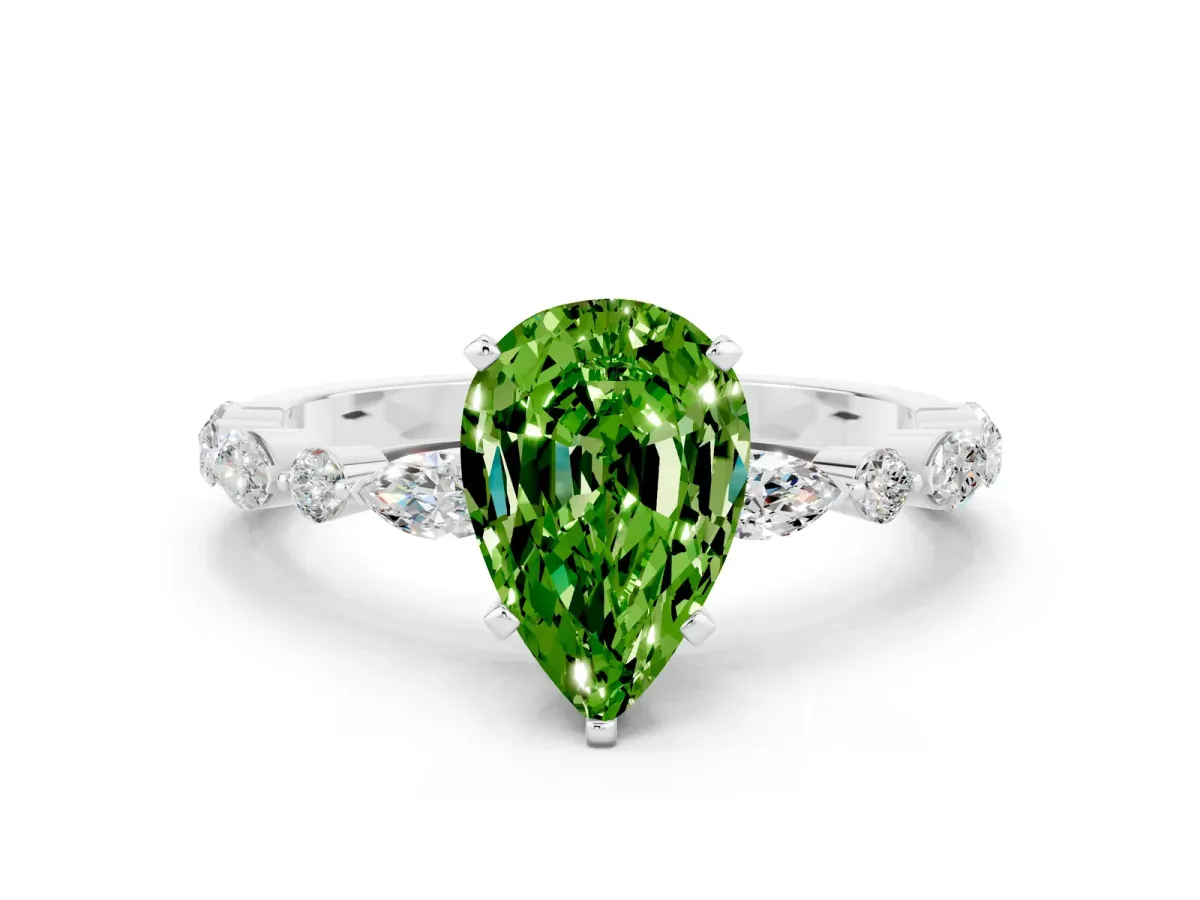 Pear Cut Peridot Ring with Marquise and Round Side Stones and Four-Prong Setting Silver