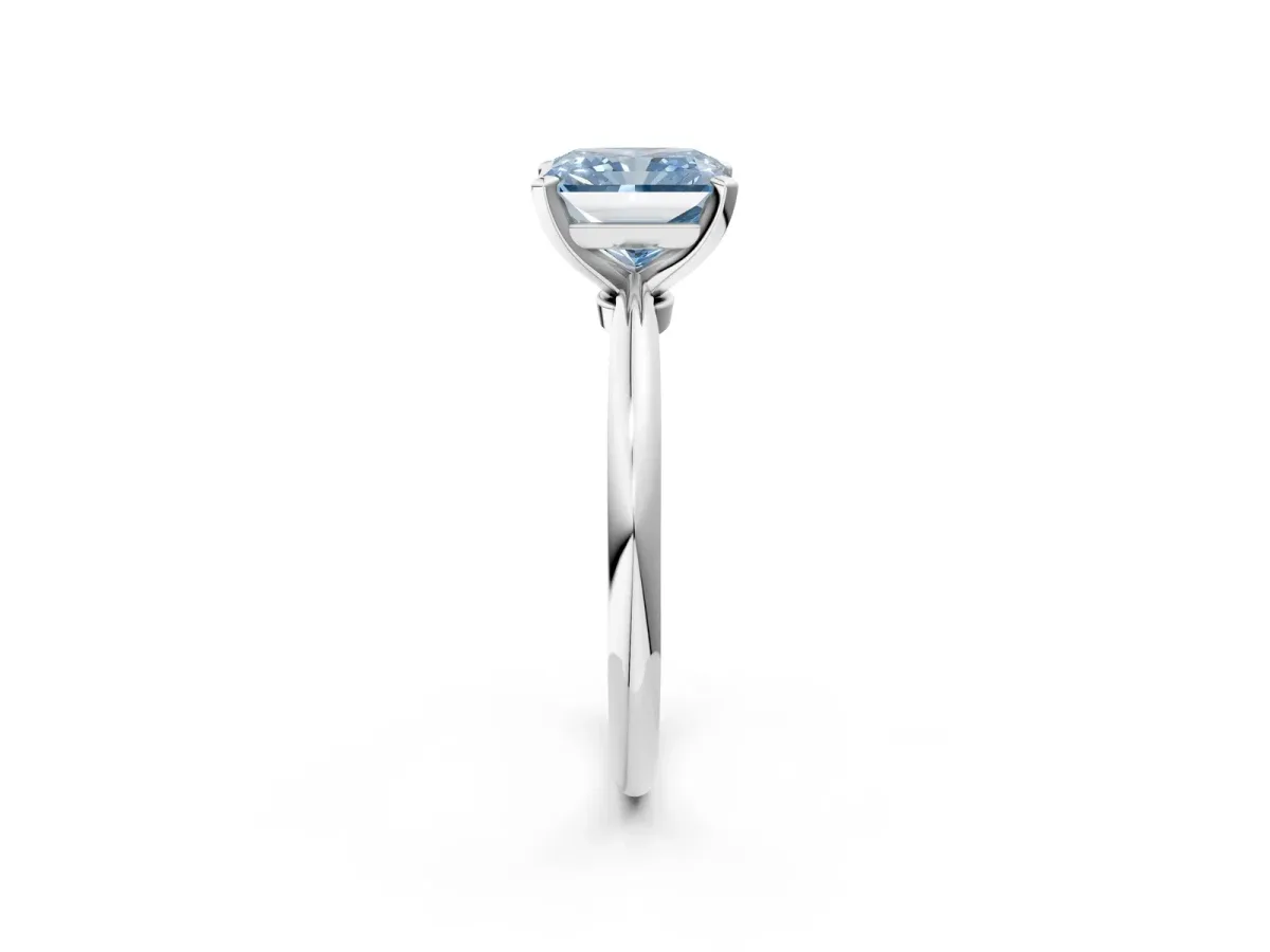 Fancy Blue Radiant Cut Diamond Solitaire Ring with Six-Prong Setting and Classic Band Silver
