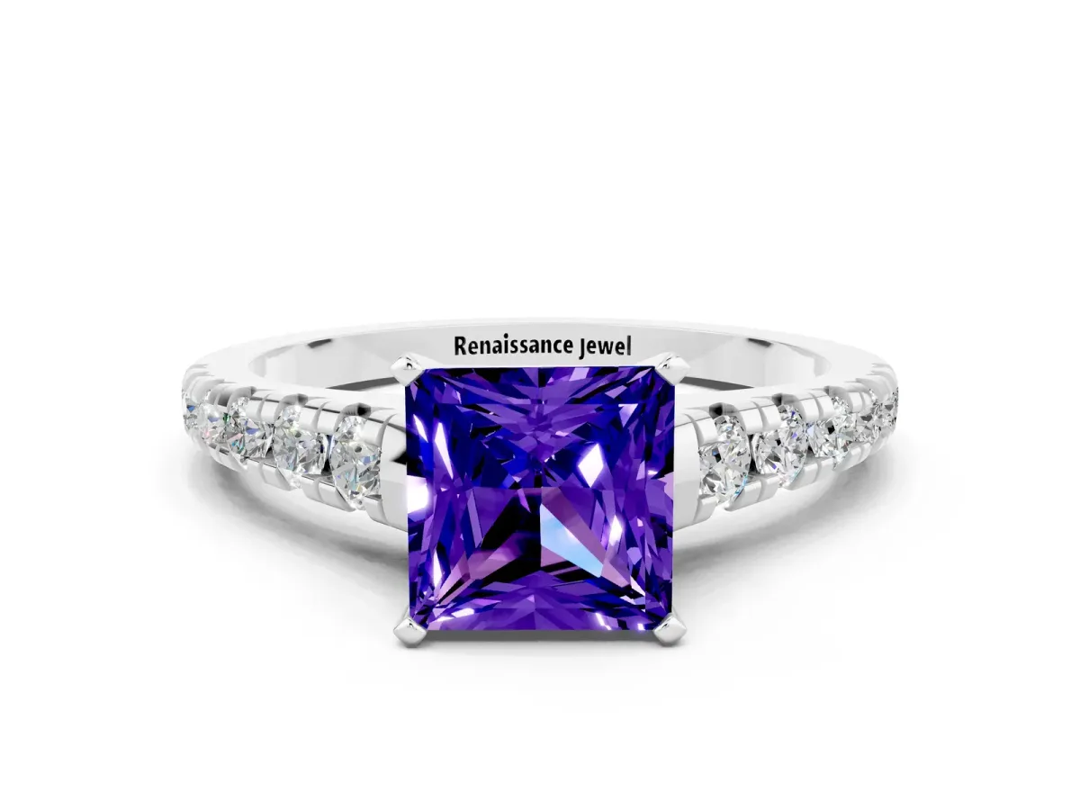 Princess Cut Tanzanite Cathedral Solitaire Ring with Round Pavé Band Silver