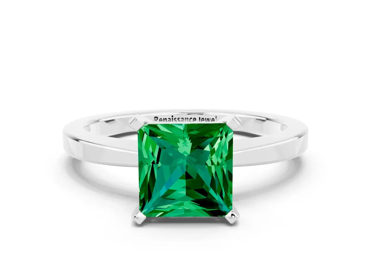 Princess Cut Emerald Solitaire Engagement Ring with Classic Band and Four-Prong Setting Silver