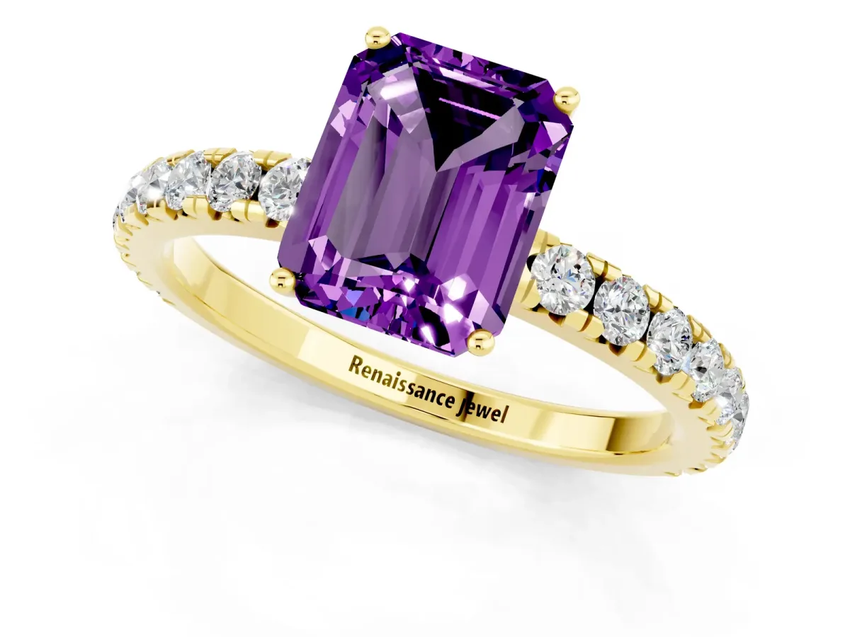 Emerald Cut Amethyst Pavé Solitaire Engagement Ring with Four-Prong Setting Yellow gold
