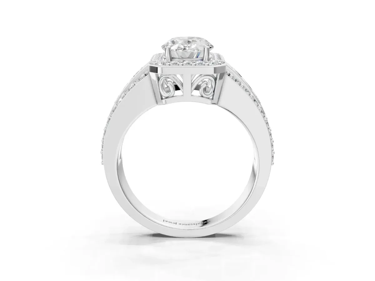 Oval Cut Halo Diamond Ring with Round Moissanite Split Shank and Prong Setting Silver