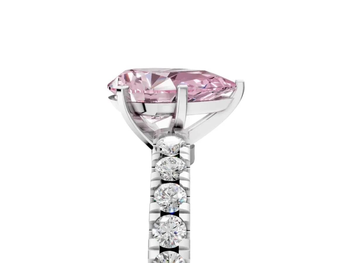 Fancy Pink Pear Cut Solitaire Diamond with Pavé Band and Four-Prong Setting Silver