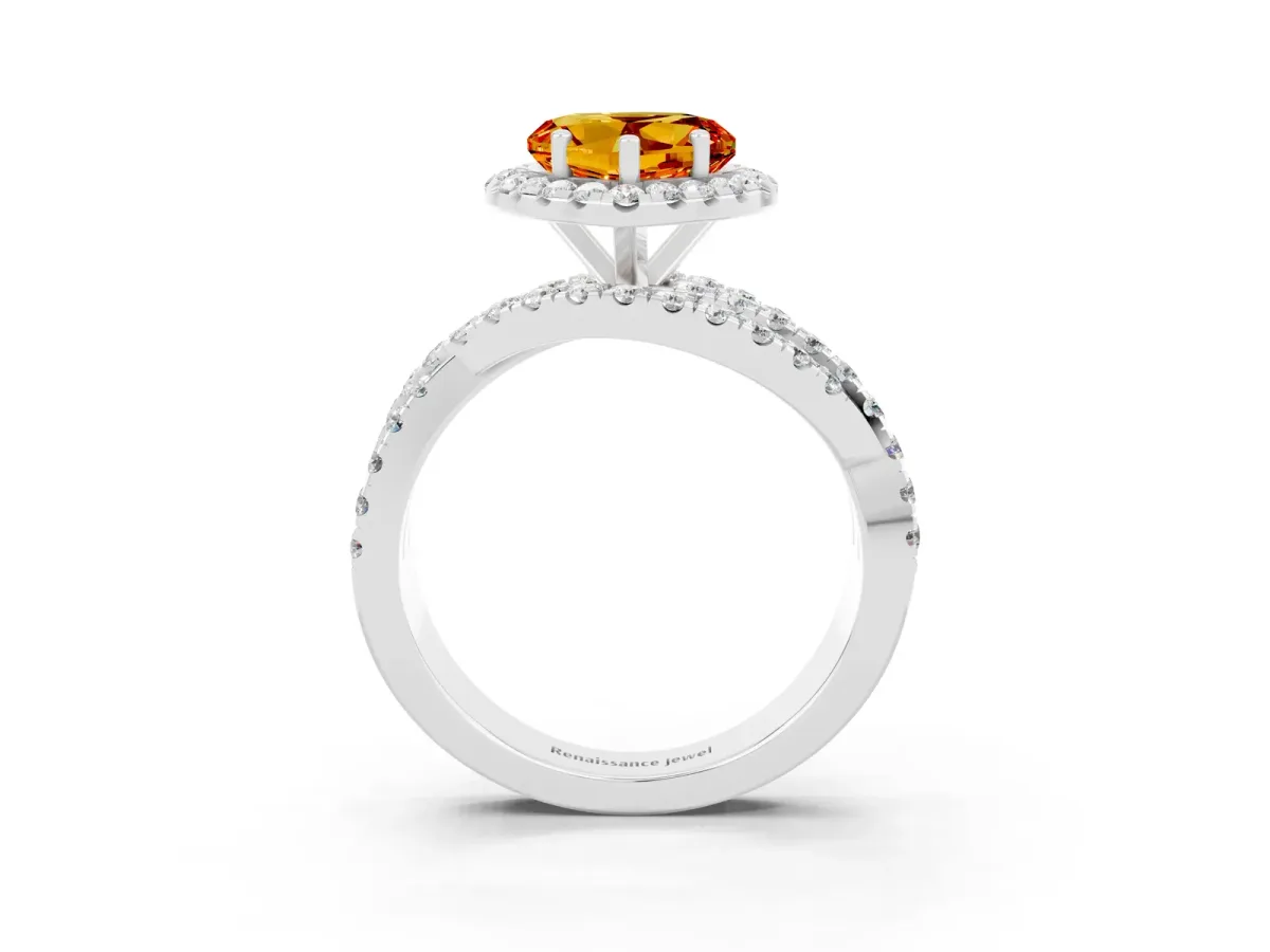 Heart Cut Citrine Halo Ring with Round Split Shank and Prong Setting Platinum