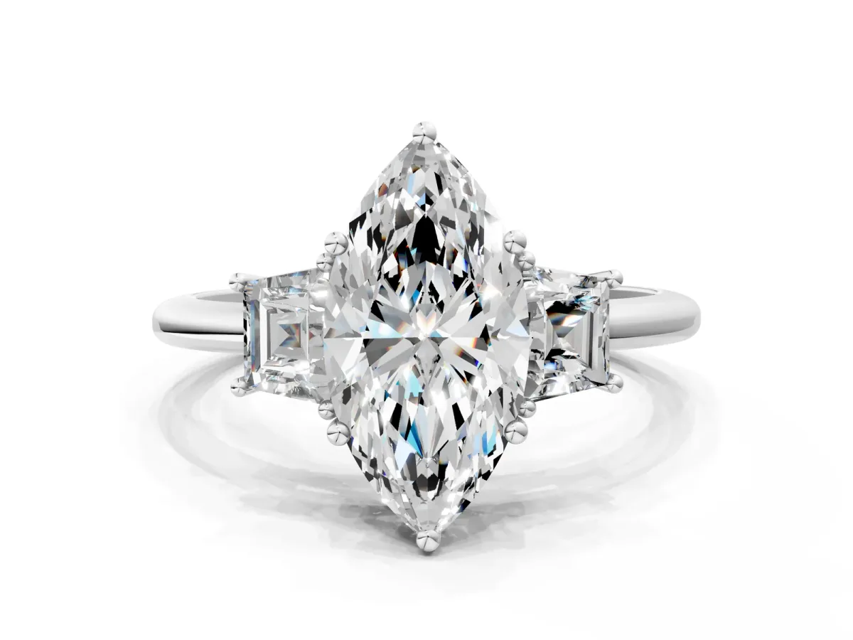 Marquise Cut Diamond Three-Stone Ring with Trapezoid Side Stones and Prong Setting White gold
