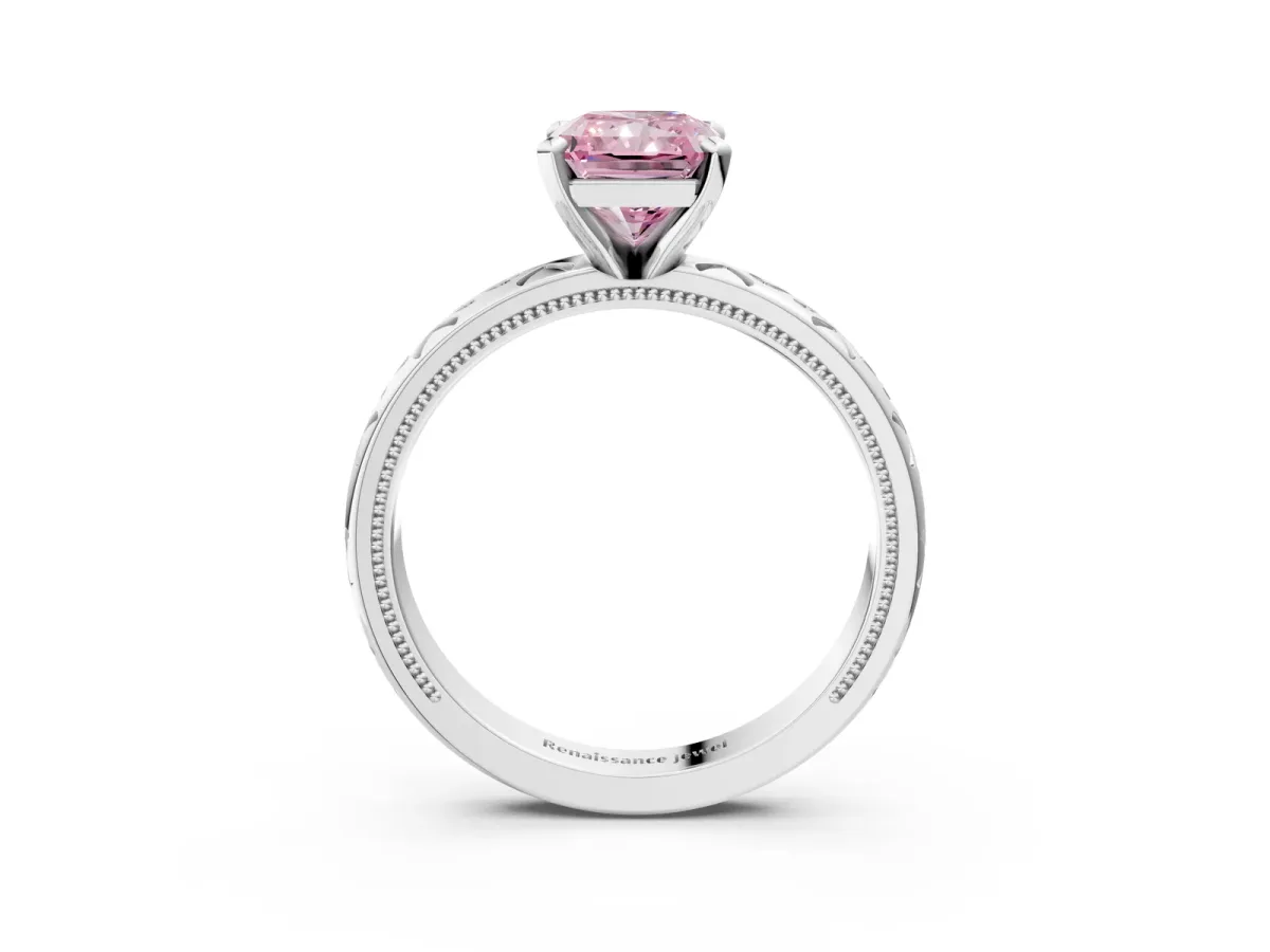 Fancy Pink Radiant Cut Solitaire Engagement Ring with Scrollwork Band and Four-Prong Setting Platinum