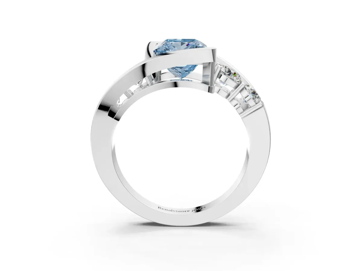 Fancy Blue Bezel Set Princess Cut Diamond Bypass Ring with Round Accents Platinum