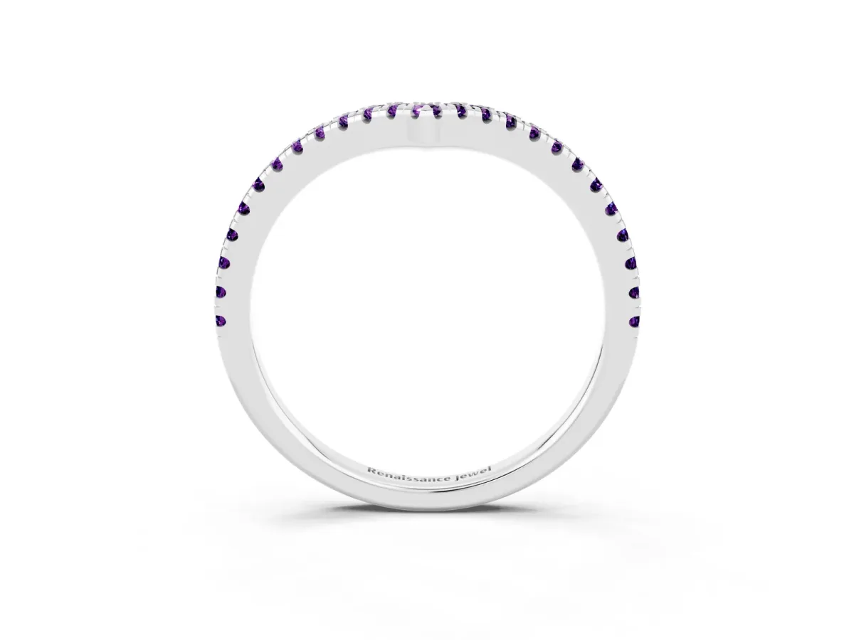 Pavé Round Amethyst V-Shaped Chevron Band with Shared Prong Setting Silver