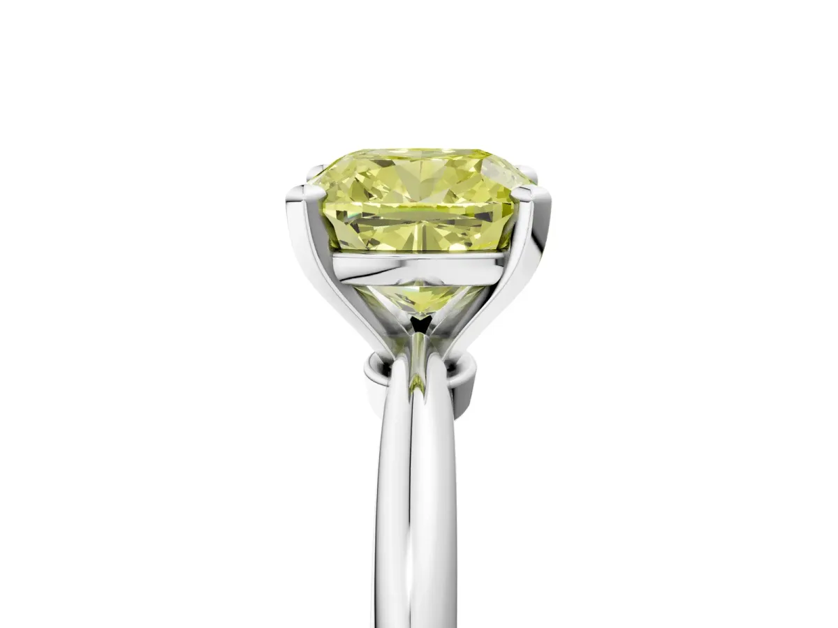 Fancy Yellow Cushion Cut Diamond Solitaire Ring with Six-Prong Setting and Classic Band Silver