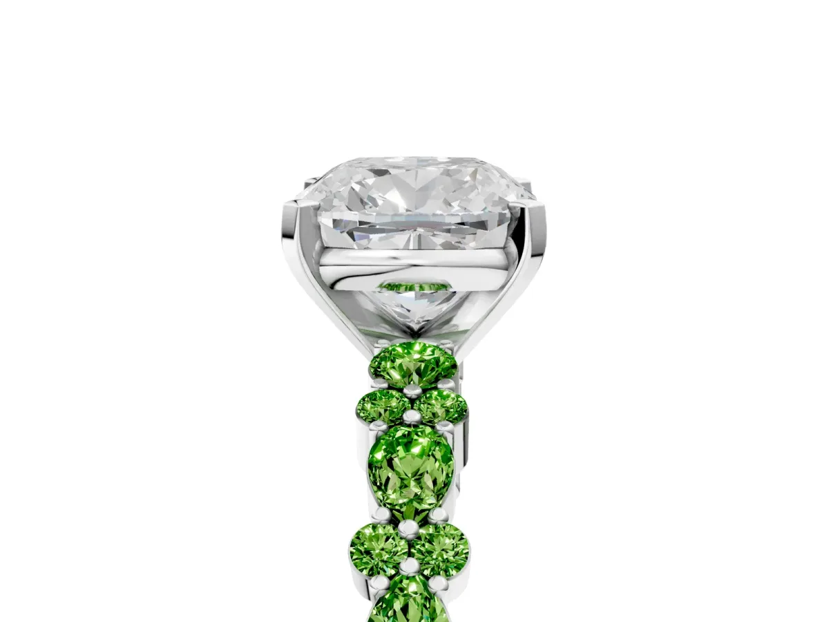 Cushion Cut Diamond Side Stone Solitaire Ring with Round Peridot and Four-Prong Setting Silver