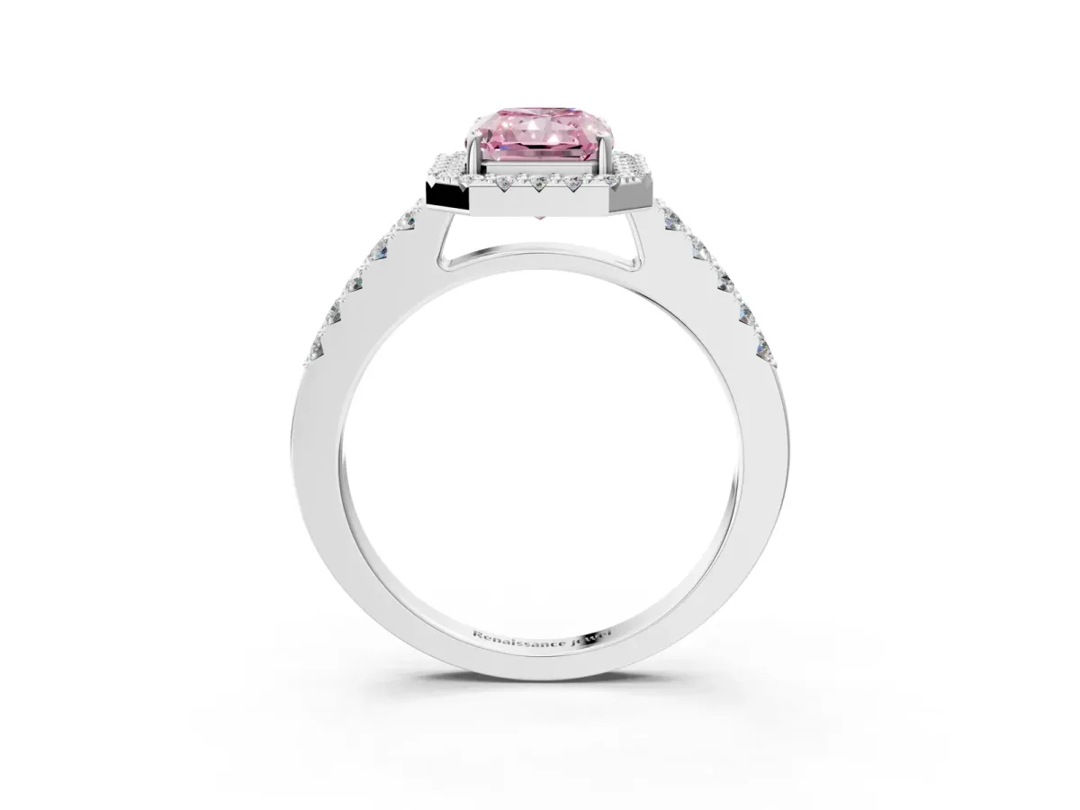 Fancy Pink Radiant Cut Halo Diamond Pavé Solitaire Ring Platinum