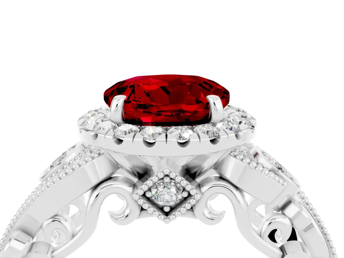 Round Cut Ruby Halo Ring with Milgrain Pavé Band and Four-Prong Setting Platinum
