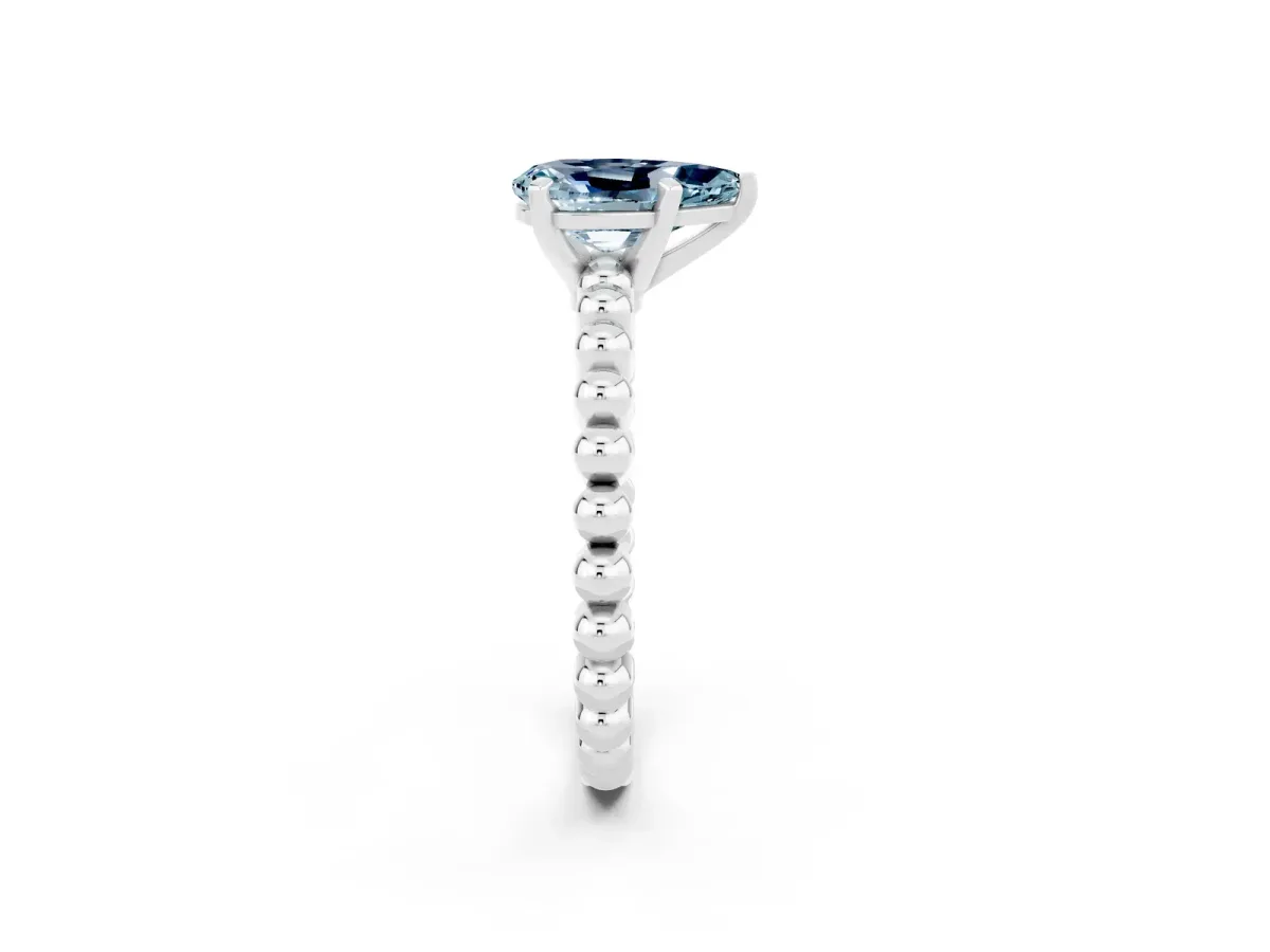 Pear Cut Aquamarine Solitaire Ring with Beaded Band and Prong Setting Silver