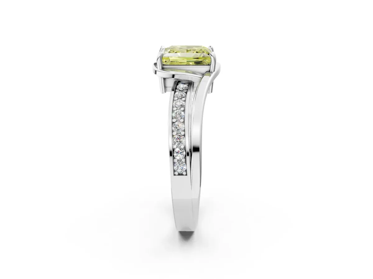 Fancy Yellow Princess Cut Diamond Solitaire Ring with Split Shank and Prong Setting Platinum