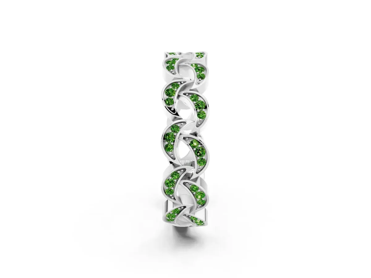 Pavé Round Peridot Interlocking Eternity Band with Bezel Prong Setting Platinum