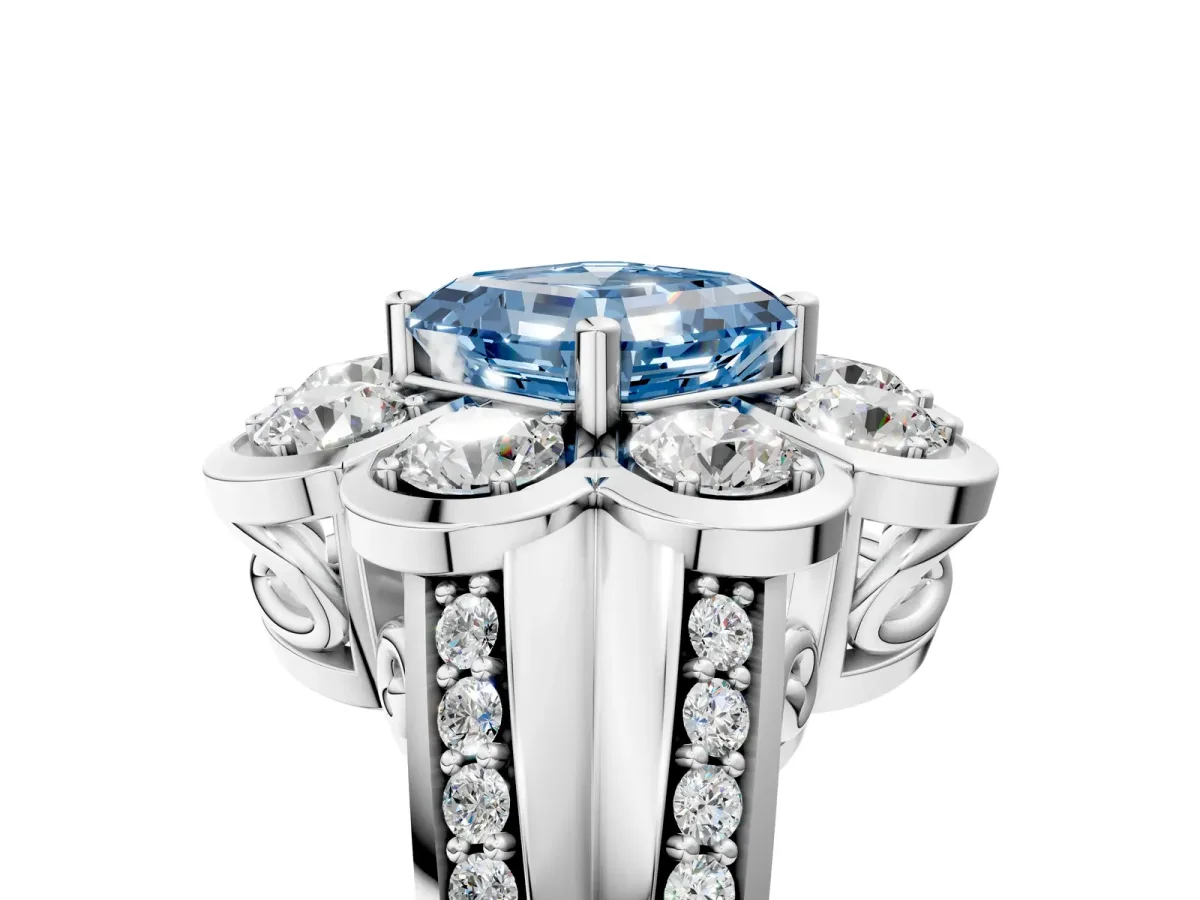 Fancy Blue Asscher Cut Brilliant Flower Halo Diamond Split Shank Ring Platinum