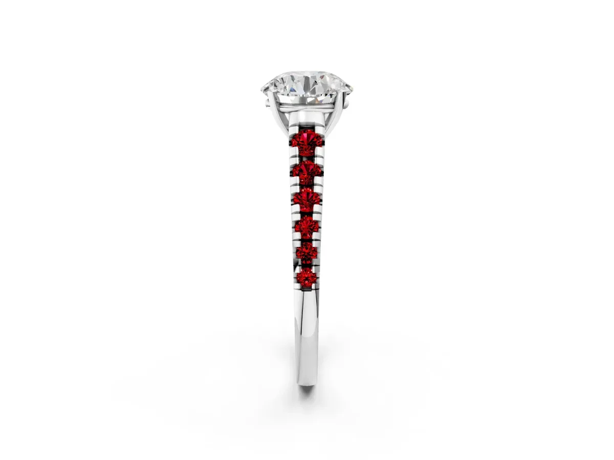 Round Cut Diamond Cathedral Solitaire Ring with Round Ruby Pavé Band White gold