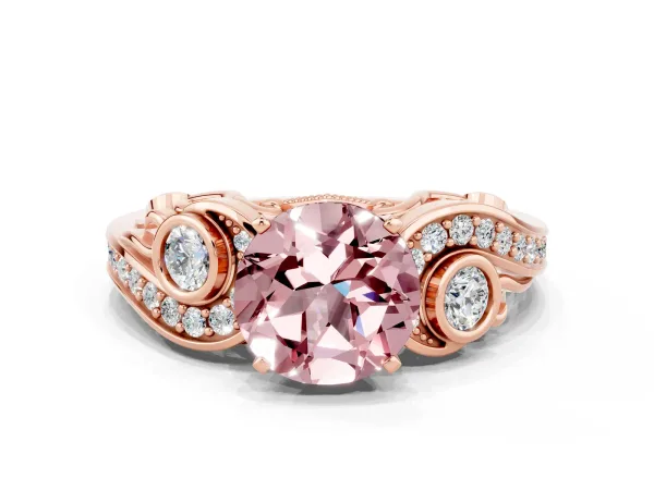 Round Cut Morganite Solitaire Ring with Milgrain Pavé Band and Four-Prong Setting Rose gold