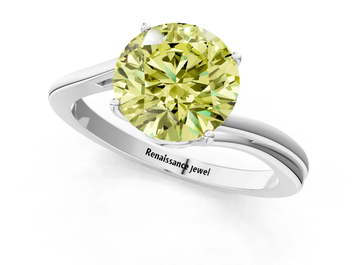 Fancy Yellow Round Cut Cut Solitaire Twist Band Ring with Four-Prong Setting Silver
