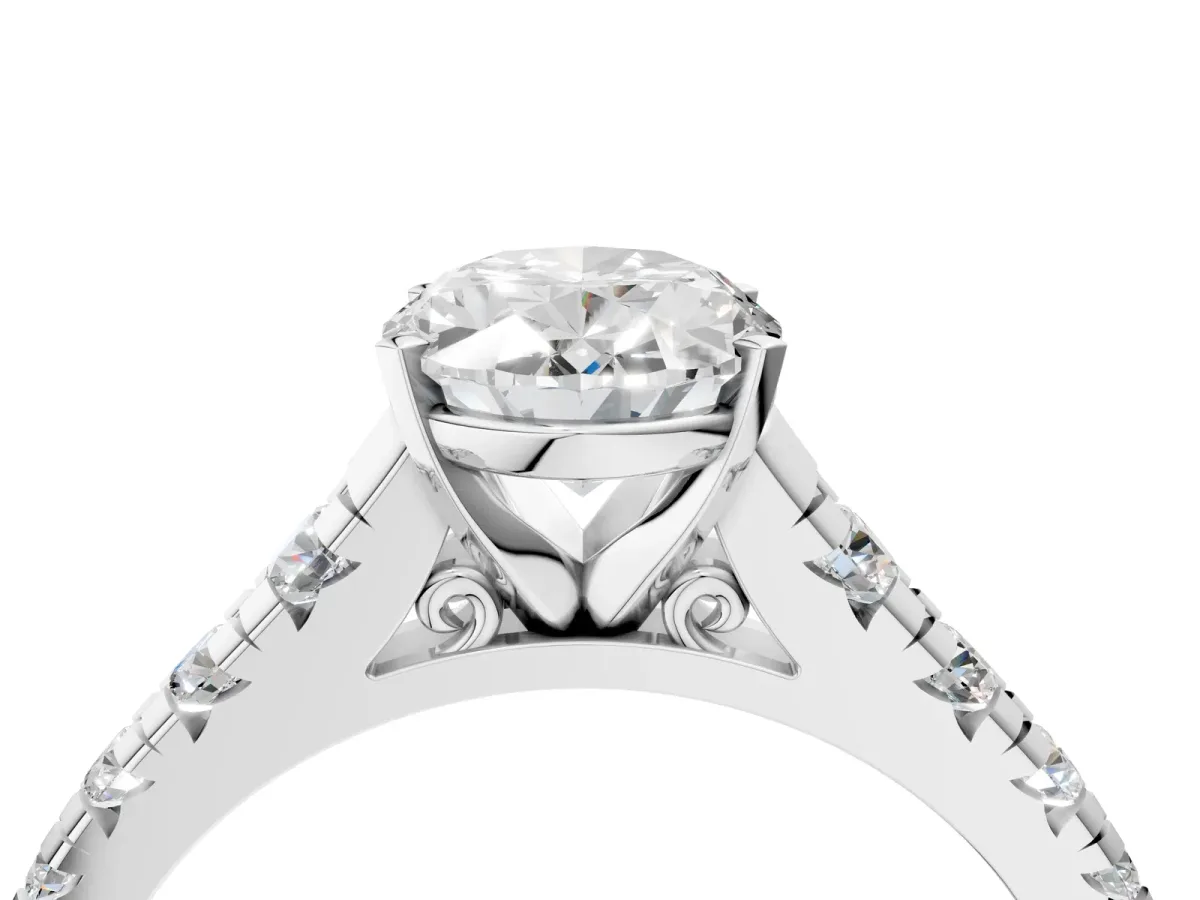 Oval Cut Diamond Cathedral Solitaire Ring with Round Moissanite Pavé Band Silver