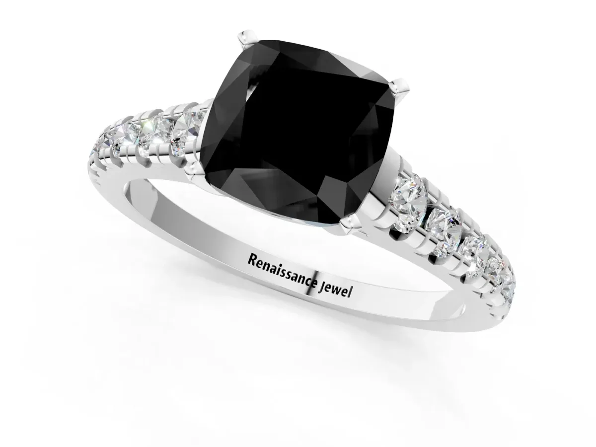 Fancy Black Cushion Cut Diamond Cathedral Solitaire Ring with Round Pavé Band Silver