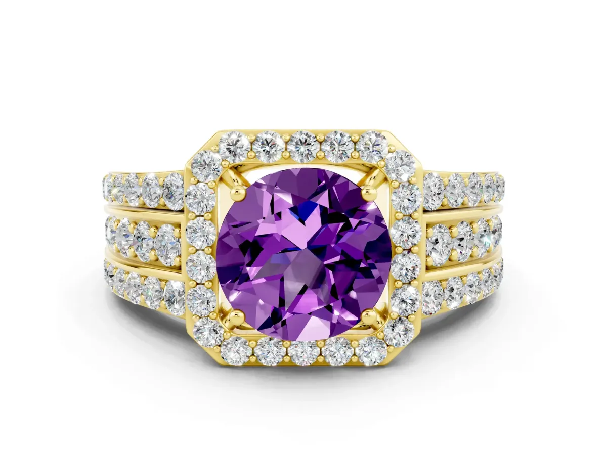 Round Cut Halo Amethyst Ring with Round Split Shank and Prong Setting Yellow gold