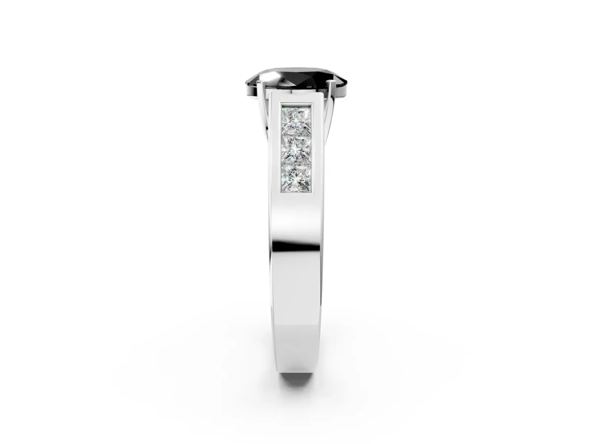 Fancy Black Oval Cut Cut Channel Set Solitaire Ring with Four-Prong Setting Silver