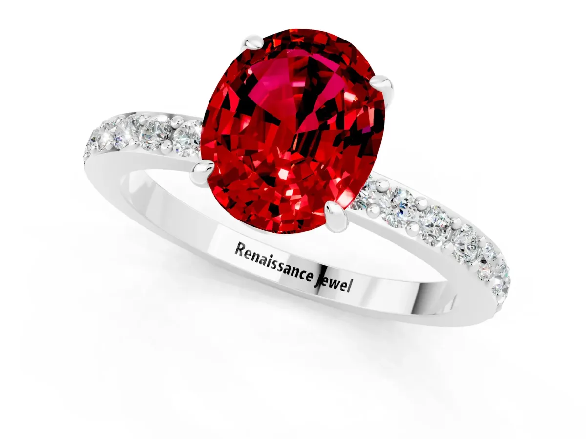 Oval Cut Ruby Solitaire Engagement Ring with Pavé Band and Four-Prong Setting Silver