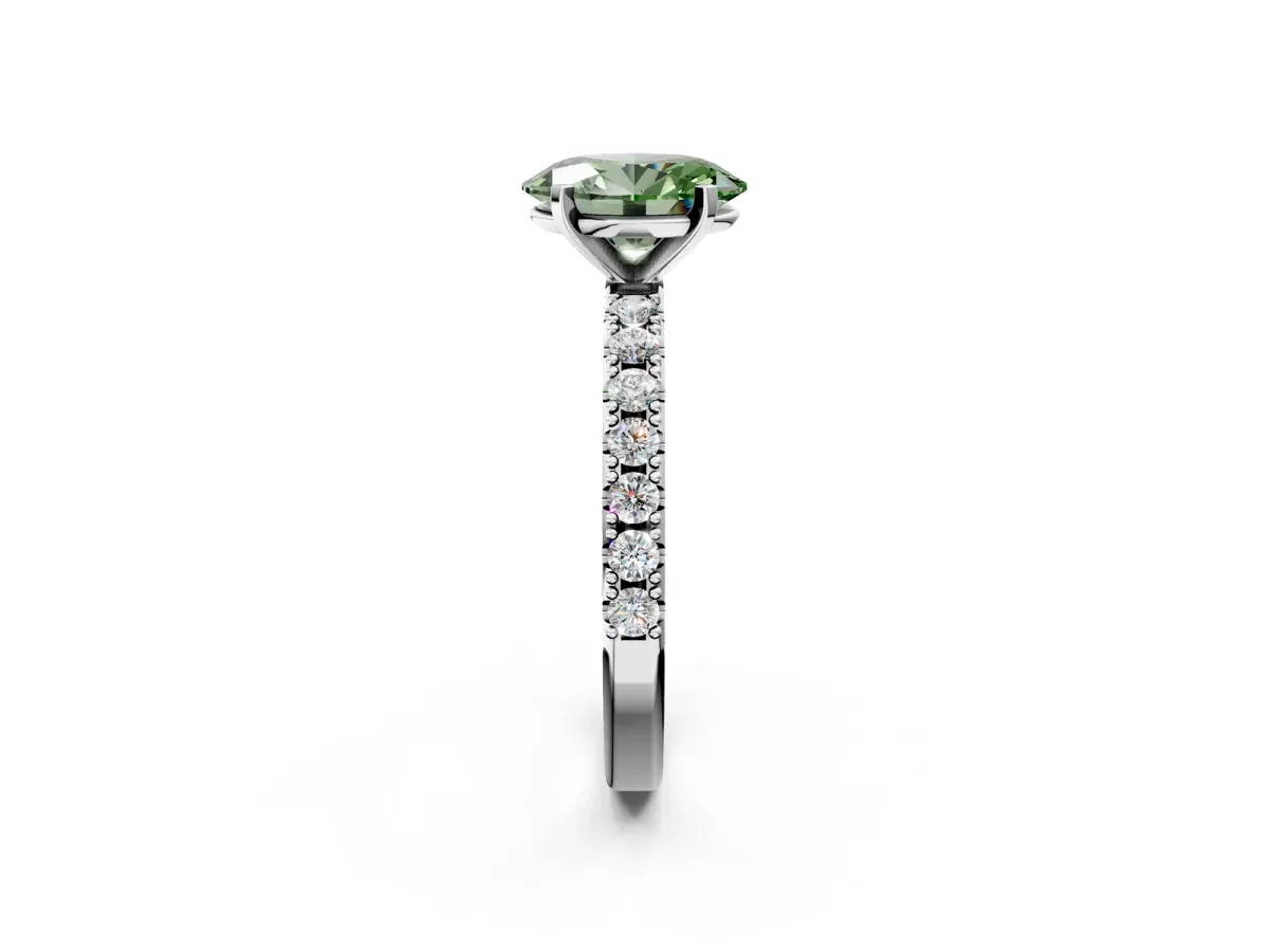 Fancy Green Oval Cut Diamond Solitaire Pavé Band with Four-Prong Setting Platinum