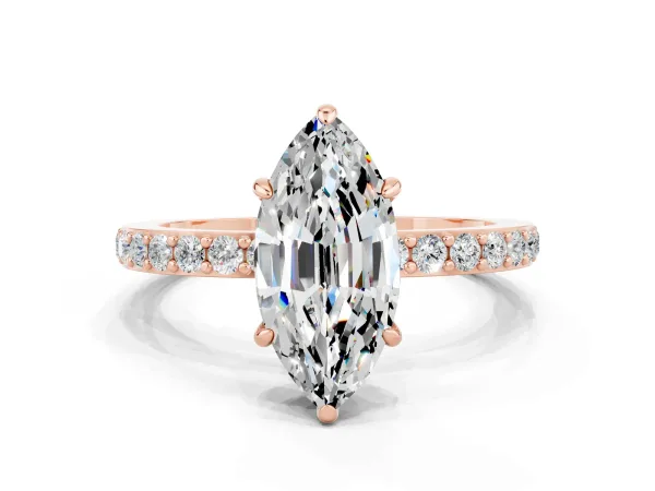 Marquise Cut Moissanite Solitaire Engagement Ring with Pavé Band and Four-Prong Setting Rose gold