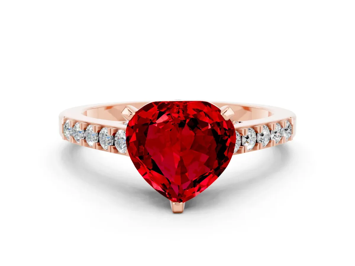 Heart Cut Ruby Solitaire Ring with Crossover Gallery and Round Pavé Band Rose gold