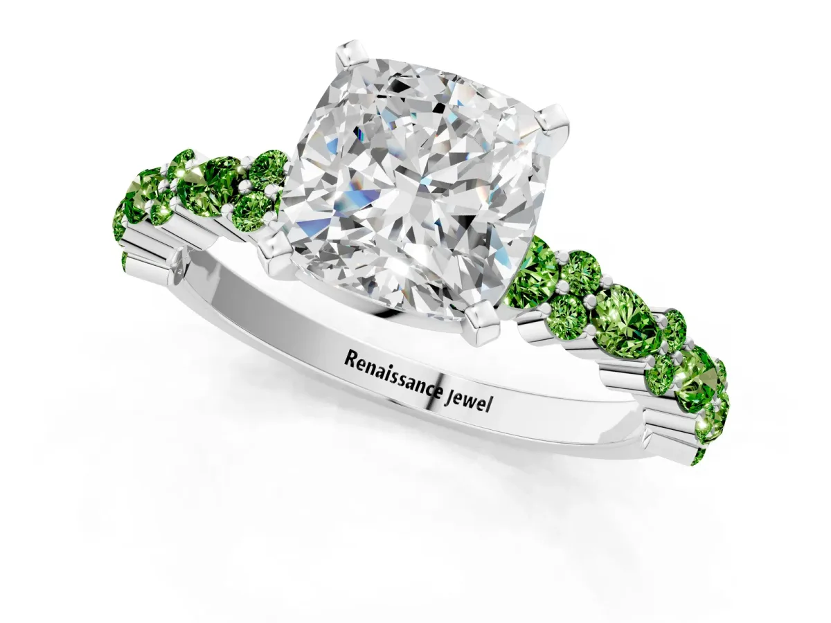 Cushion Cut Diamond Side Stone Solitaire Ring with Round Peridot and Four-Prong Setting Silver