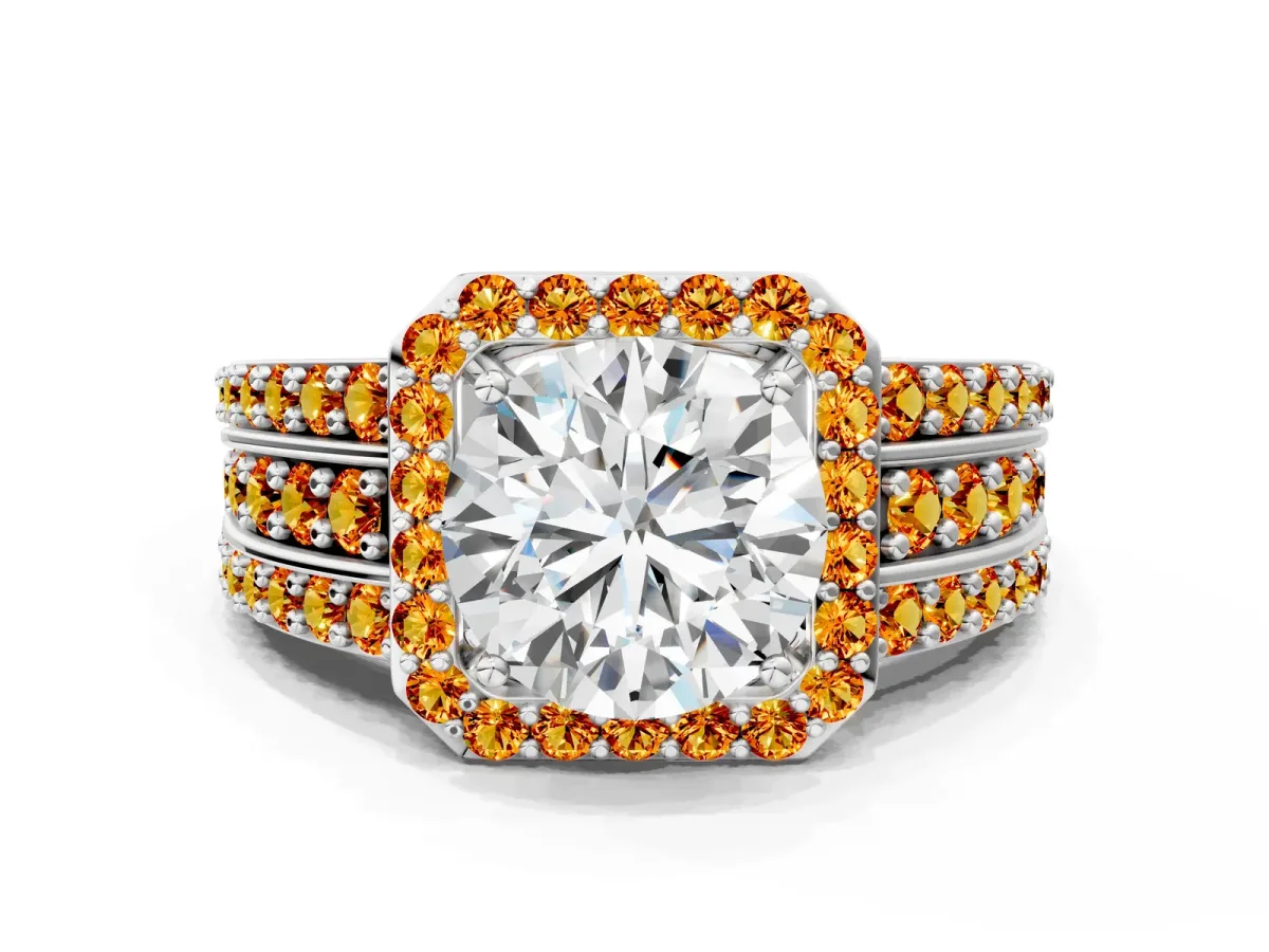 Round Cut Halo Diamond Ring with Round Citrine Split Shank and Prong Setting Platinum