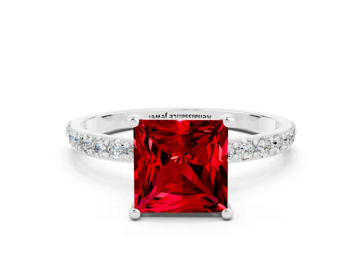 Princess Cut Ruby Solitaire Ring with Round Pavé Band and Prong Setting Silver
