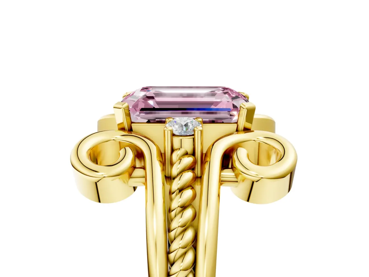 Fancy Pink Emerald Cut Solitaire Twisted Band Scroll Prong Ring Yellow gold