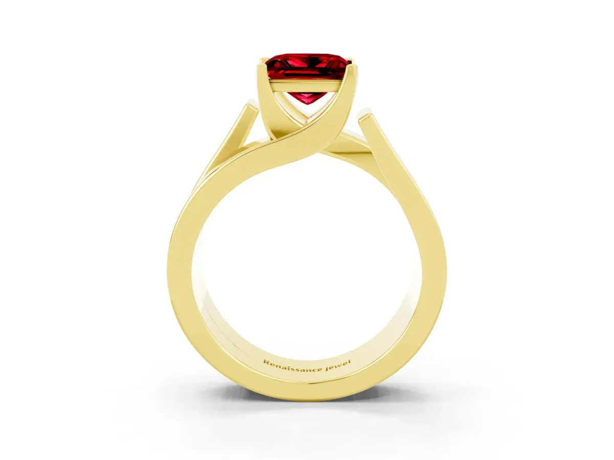 Modern Tension Set Princess Cut Ruby Solitaire Wide Band Ring Yellow gold