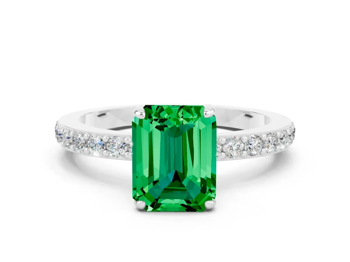 Emerald Cut Emerald Solitaire Engagement Ring with Pavé Band and Four-Prong Setting Platinum