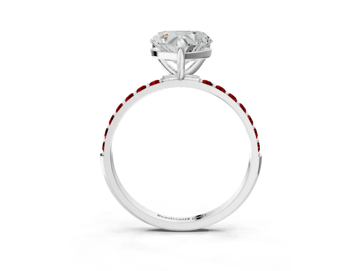 Heart Cut Diamond Solitaire Ring with Round Ruby Pavé Band and Prong Setting Silver