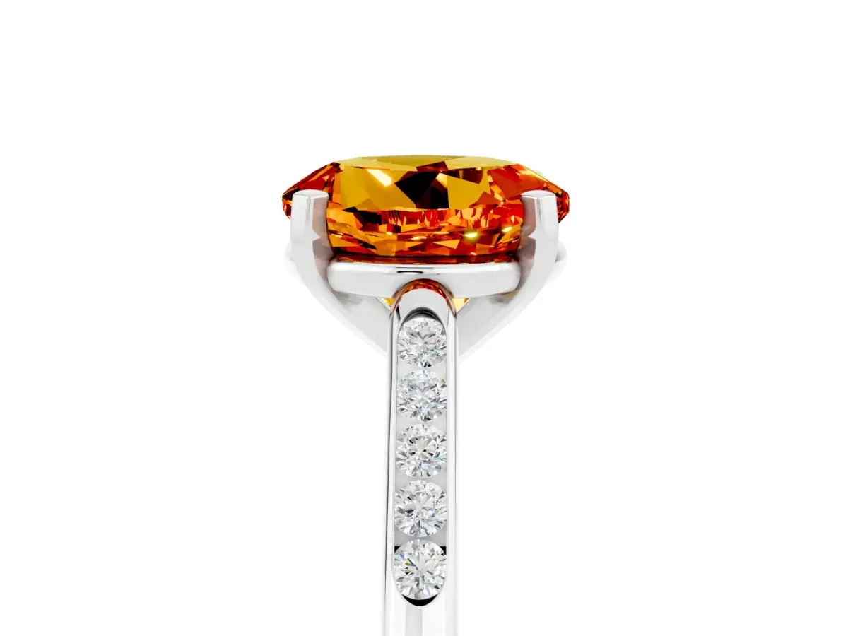 Round Cut Citrine Solitaire Ring with Channel Set Round Band and Prong Setting Silver