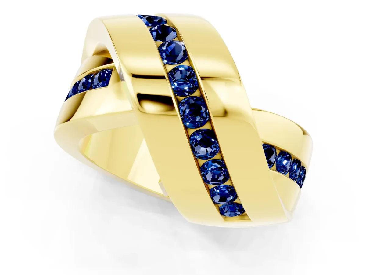 Pavé Round Blue Sapphire Crossover Band with Channel Setting Yellow gold