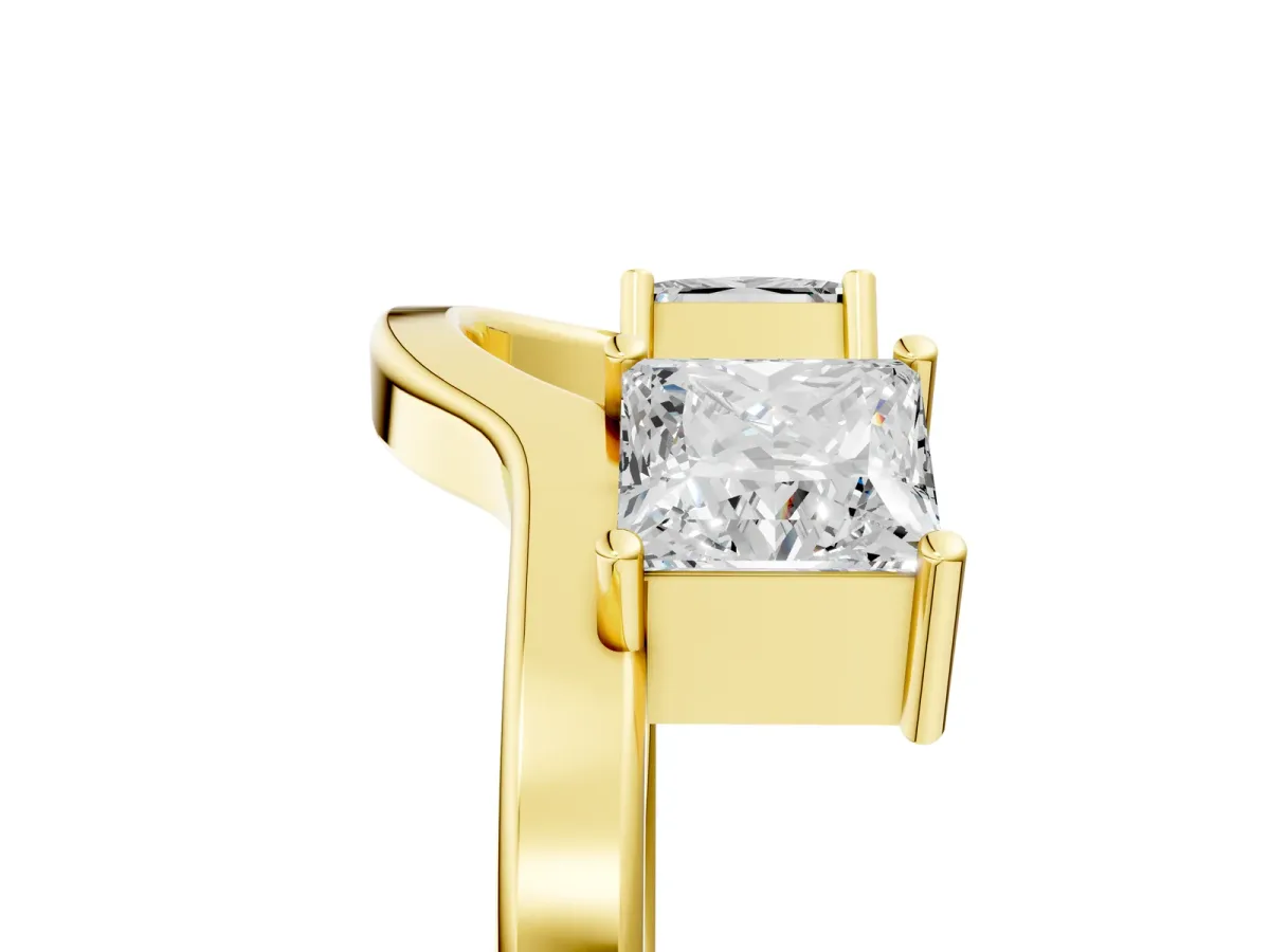 Princess Cut Diamond Two-Stone Open Band Ring with Four-Prong Setting Yellow gold