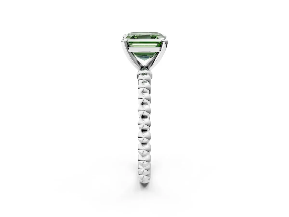 Fancy Green Asscher Cut Diamond Solitaire Ring with Beaded Band and Prong Setting Silver