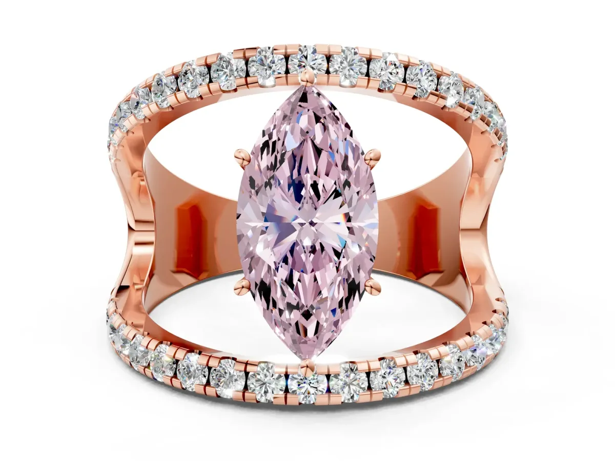 Fancy Pink Marquise Cut Solitaire Split Shank Pave Diamond Ring Rose gold